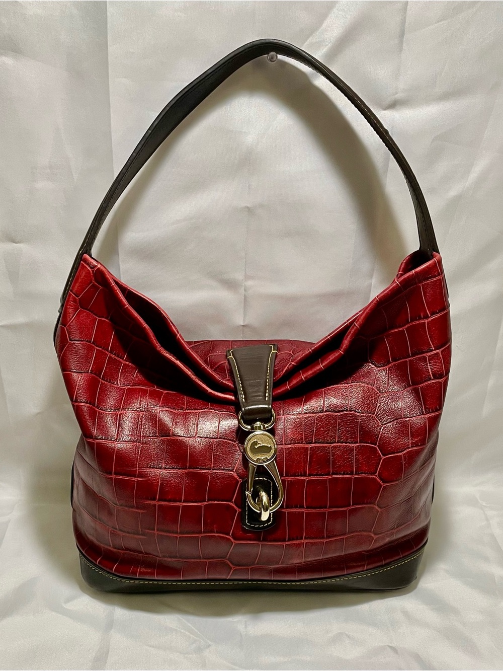 Dooney & Bourke Red Belvedere Crocodile Embossed Leather Logo Lock Hobo Bag